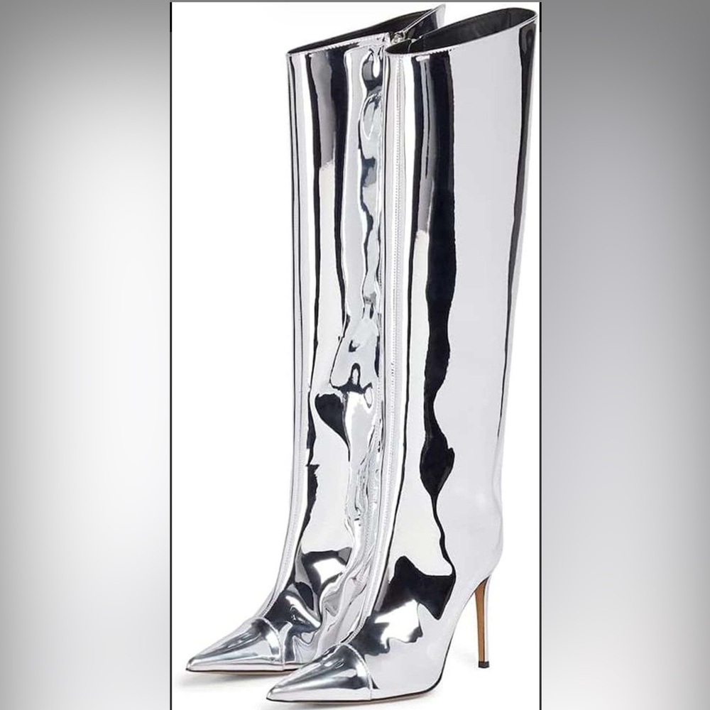 Shiny Silver Stiletto Boots